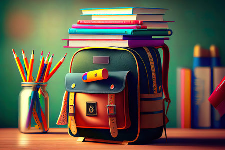 Back to school. An apple, a stack of books and a backpack on a table in an elementary school. Generative Aiの素材