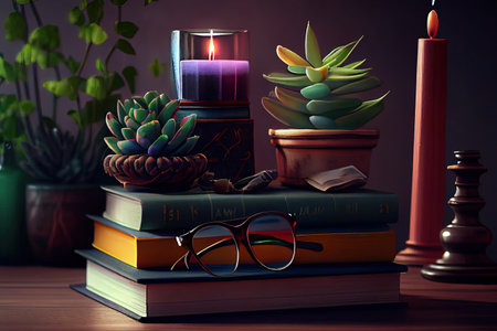 a cup of coffee, with books, very calmness. Generative Aiの素材