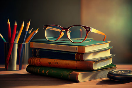 Stack of vintage books, glasses and pencils. Generative Aiの素材