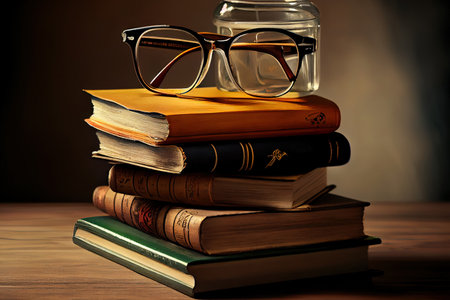 stack of books, pecil, notebook, glasses, study. Generative Aiの素材