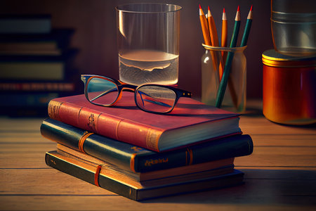 Stack of vintage books, glasses and pencils. Generative Aiの素材