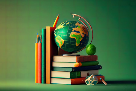 Globe, notebook stack and pencils. Schoolchild and student studi. Generative Aiの素材