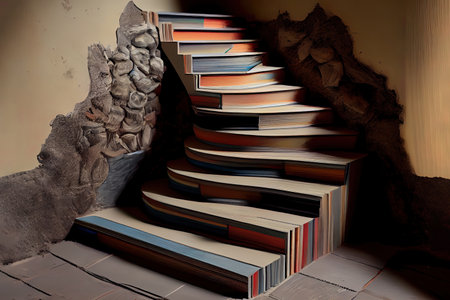 A cute mouse climbs up to the moon on the stairs from the books. Generative Aiの素材