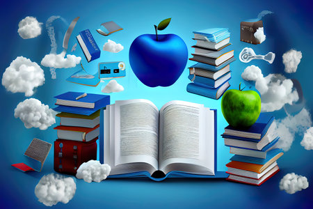 books and green apple. Generative Aiの素材