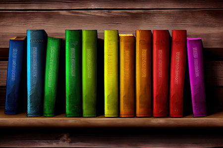 a row of books on a shelf with a rainbow colored bookcase behind them and a black background. Generative Aiの素材