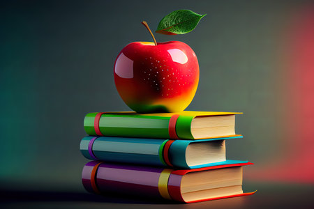 Wonderful Stack of colorful books and fresh apple. Generative Aiの素材