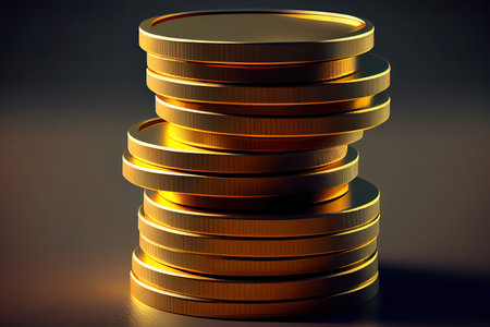 High Angle View Of Golden Coins On Gray Background. Generative Ai. Generative Aiの素材