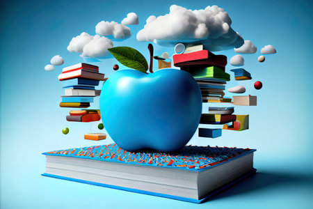 Stack of colorful books and red apple. Generative Aiの素材