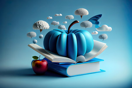Books and one red apple standing in front of the blackboard. Generative Aiの素材