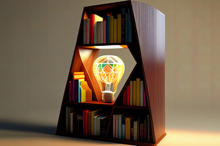 An image of light bulb surrounded by books and other items. Generative Aiの素材