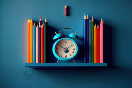 Back to school concept.school books, colored pencils and clock on blue wall. Generative Aiの素材