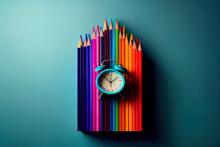 Back to school concept.school books, colored pencils and clock on blue wall. Generative Aiの素材