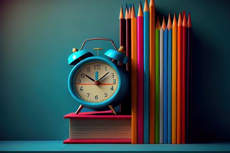 Yellow monochromatic clock with books in minimal style. Generative Aiの素材