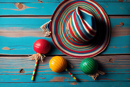 Mexican background serape striped blanket with sombrero maracas . Generative Aiの素材