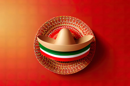 Mexican holiday background. Sombrero, macaras on red background. Generative Aiの素材