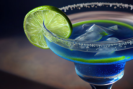 Close up of a salted, blue rimmed margarita glass with lime slice. Generative Aiの素材