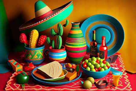 Surprising Happy Cinco de Mayo colorful party table. Generative Aiの素材