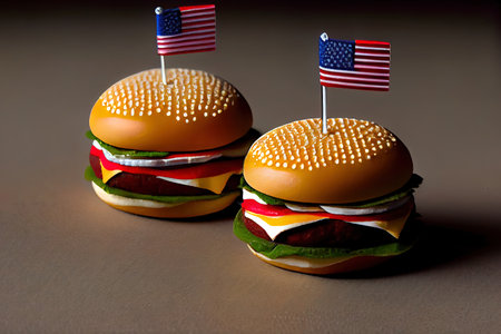 Delicious burgers on wooden board. Generative Aiの素材