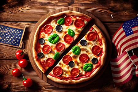 Pizza party for american holiday on wooden table. Generative Aiの素材