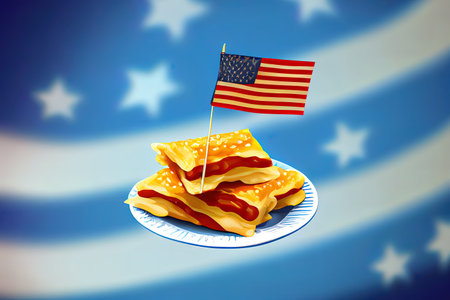 Top view of burgers with american flags and stars. Generative Aiの素材