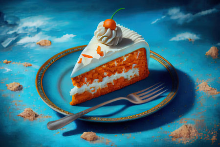 A slice of carrot cake topped with cream cheese frosting and chopped walnuts. Generative Aiの素材
