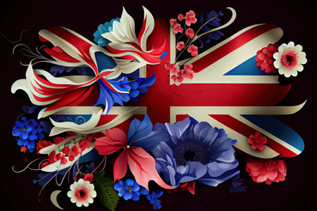 Grunge flag of britain with wildflowers wood texture background for design and text. Generative Aiの素材