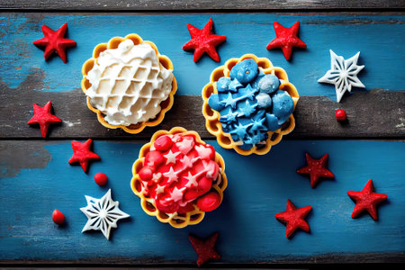 Treats for Independence Day holiday on July 4. Homemade cream ice cream in waffles. Generative Aiの素材