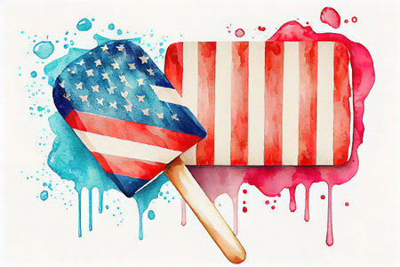 Watercolor popcicle ice cream and lollypop candy in the colors of the USA flag. Generative Aiの素材