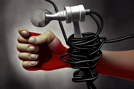 Woman hand with microphone tied with a red rope. Generative Aiiの素材