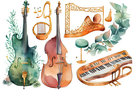 Watercolor Set with Music Instruments. Generative Aiの素材
