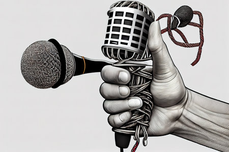 Hand with microphone tied with rope. Generative Aiの素材