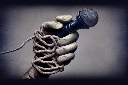 Hand with microphone tied with rope. Generative Aiの素材