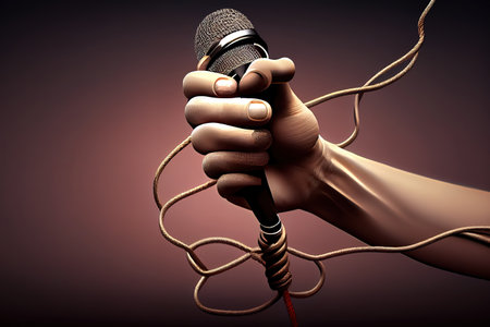 Woman hand with microphone tied with a red rope. Generative Aiiの素材