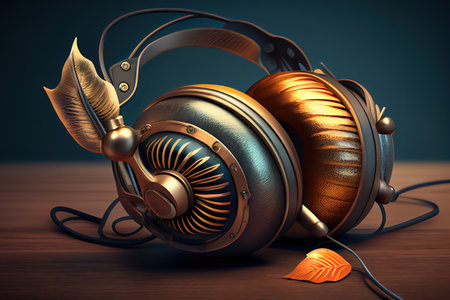 Golden old style microphone with headphone.3D illustration. Generative Aiの素材