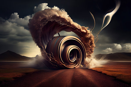 Gramophone with melody symbols on rainbow wave. Generative Aiの素材