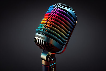 Colorful studio microphone, gradient bricks wall background, podcast. Generative AIの素材