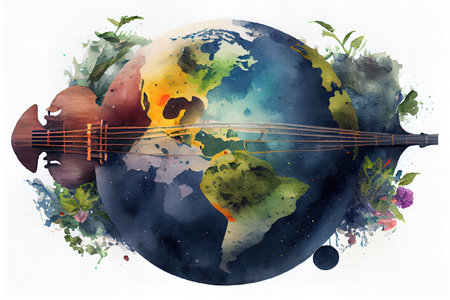 Watercolor music planet Earth. Generative Aiの素材