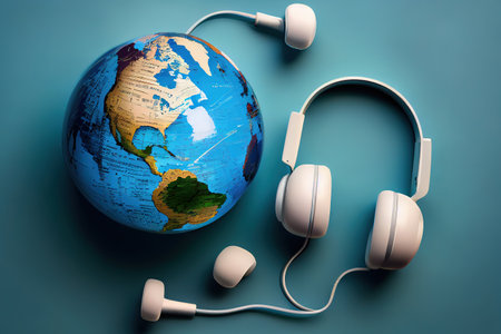 Black wired headphones connected to a small globe. Generative Aiの素材