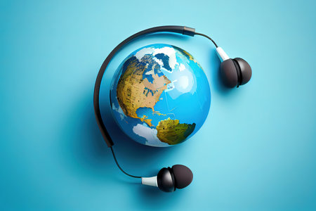 Black wired headphones connected to a small globe. Generative Aiの素材