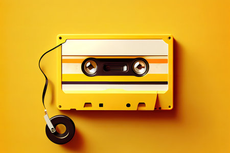 Audio cassette and headphones on a yellow background. Generative Aiの素材
