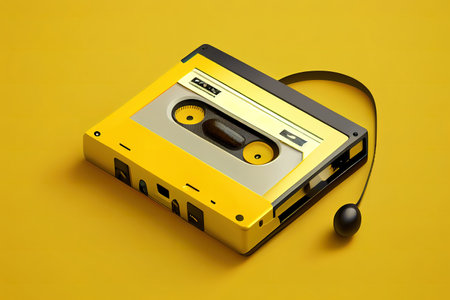 Classic tape cassette with earphone on yellow background. Generative Aiの素材