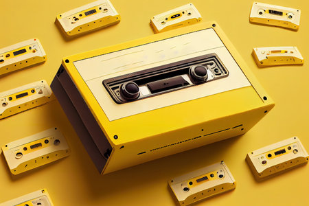 Surprising Inscription music day with old cassettes on a yellow background. Generative Aiの素材