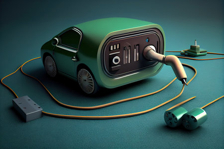 Electric car and charger. EV car and charging stand being charged. Generative Aiの素材