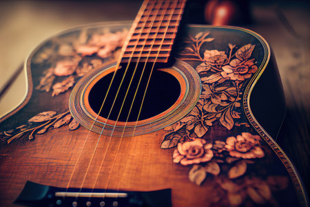 Wooden Guitar macro shoot Ukulele, photo. Generative Aiの素材