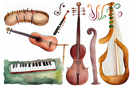 Banner of folk musical instruments watercolor illustration isolated. Generative Aiの素材