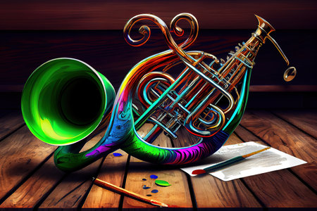 3D illustration of musical instruments with gold color. Generative Aiの素材