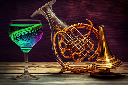 Attractive French horn and flute on a wooden table, splash color. Generative Aiの素材