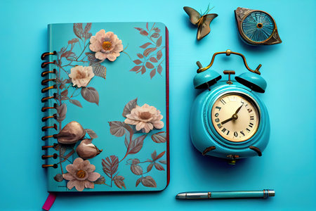 a notebook on a spring parkers and a vintage alarm clock. Generative Aiの素材