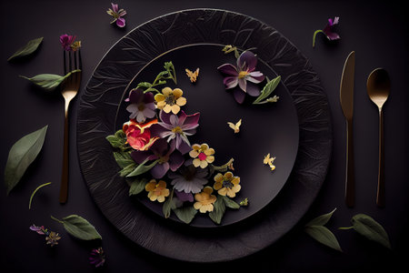 Plates and cutlery on black background with contrast green color. Generative Aiの素材