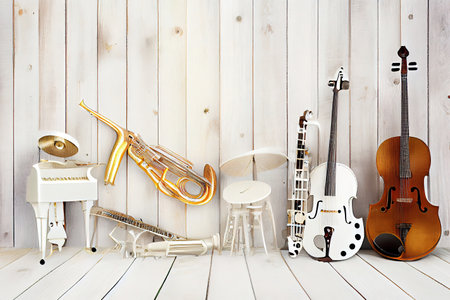 Bass guitar and masquerade mask on a black background. Generative Aiの素材